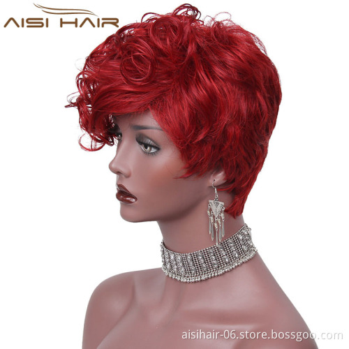 The Best Selling Cosplay Short Curly Wigs For Black Women Synthetic Wine Red Color Fiber High Temperature Wig With Bangs